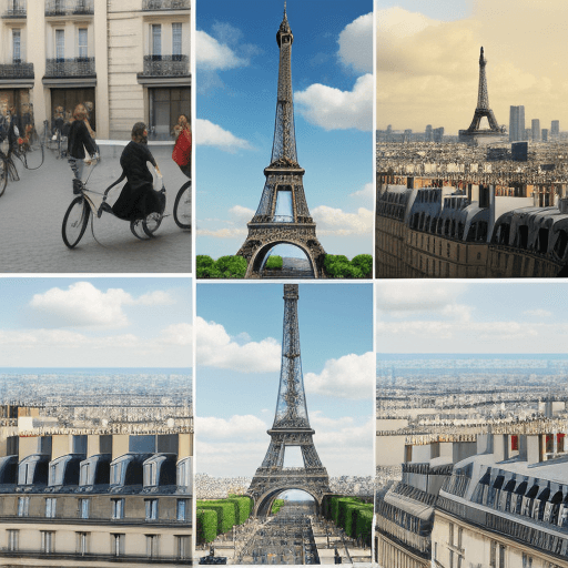 AI generated: Collage art to project on walls describing paris life with people and la tour eifel