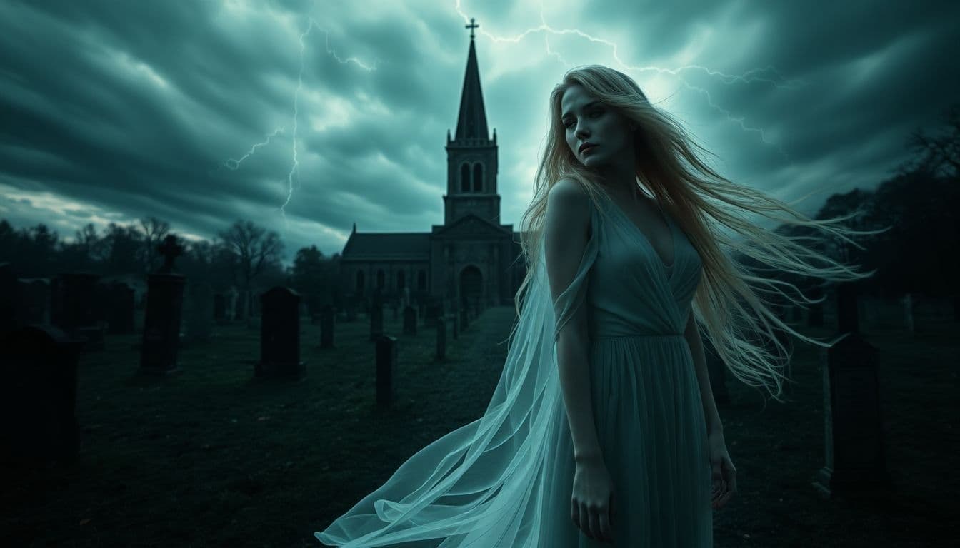 AI generated: a hauntingly beautiful scene of an almost translucent ethereal woman in a graveyard, surrounded by t...
