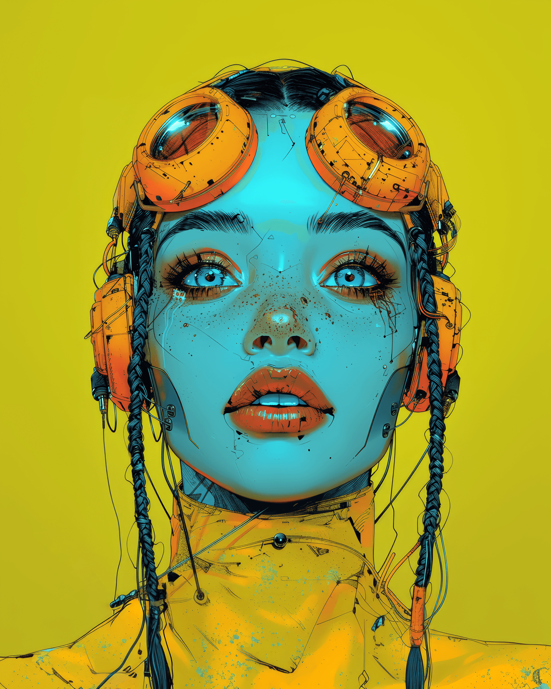 AI generated: as a modern comicbook drawing of a female android with a human face, robotic body, nose ring piercin...