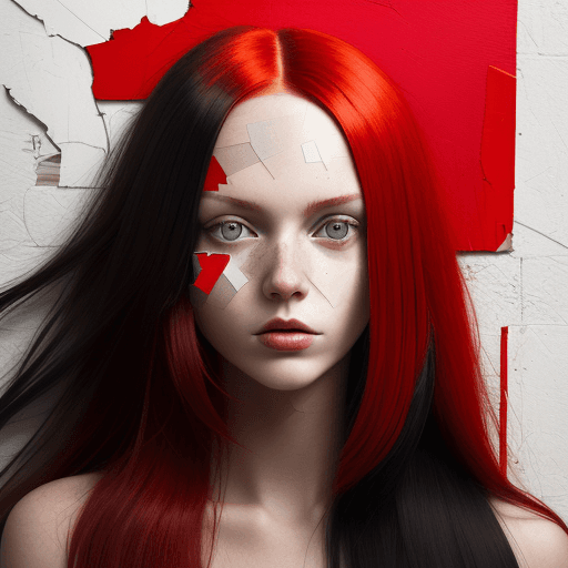 AI generated: woman with bright red long hair, layered collage style, edgy street art, portrait, cardboard, fragme...