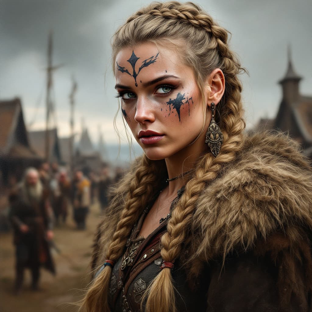 AI generated: oil painting of a Viking warrior woman with braided hair, wearing battle paint on her face, feathers...