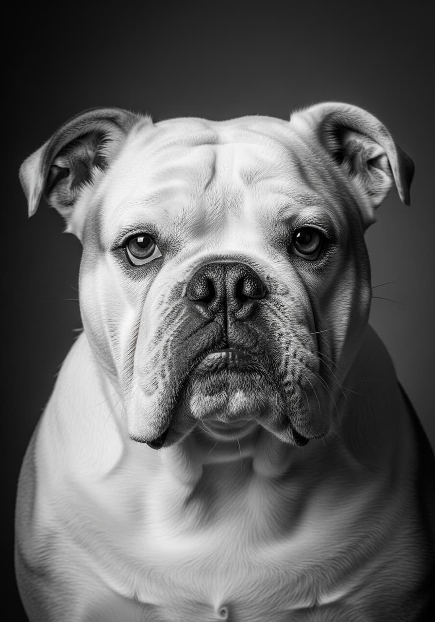 AI generated: Generate me an HD ULTRA 8k Black and white photograph of a female english bulldog that is traditiona...
