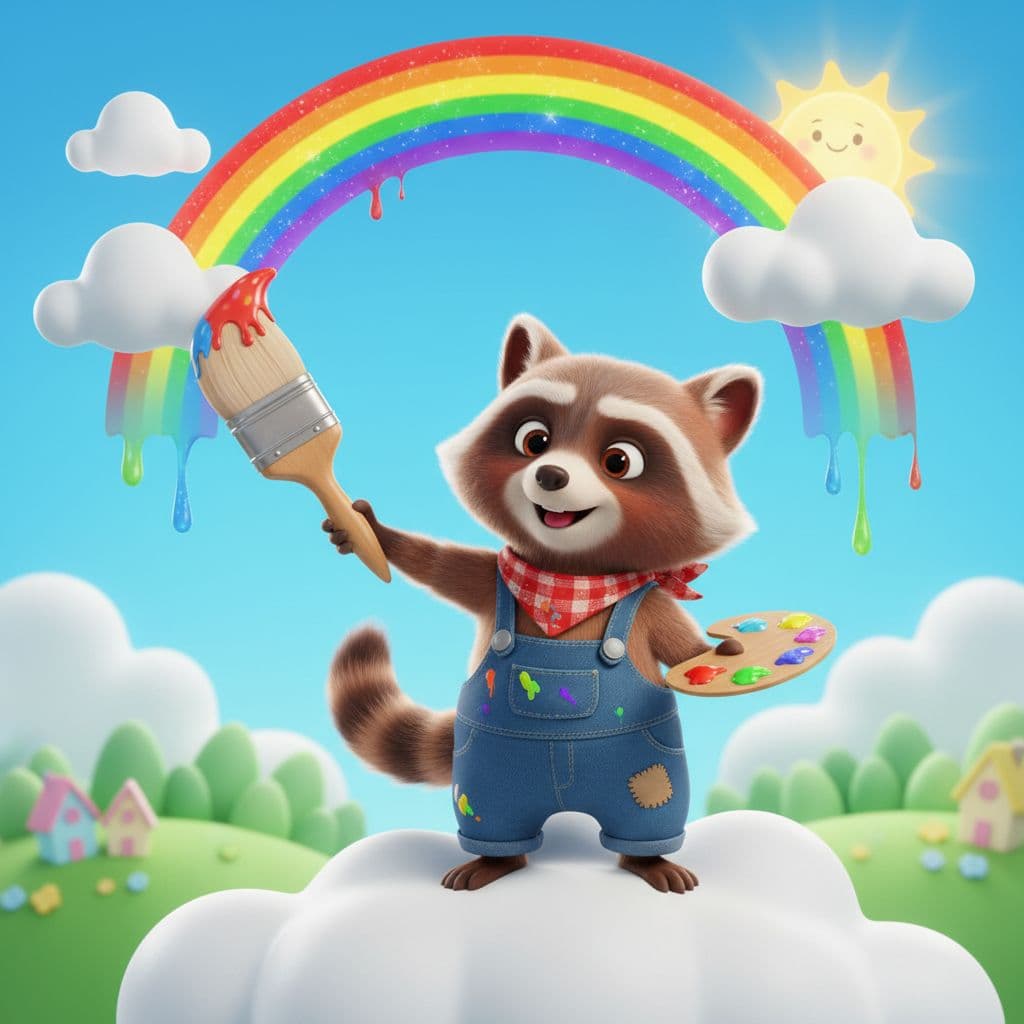 AI generated: “3D cartoon raccoon in overalls painting a rainbow.”