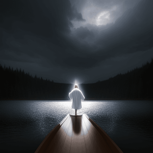 AI generated: jesus walking on the middle of the galileia lake. it is and storm night. there is a boat woth his di...