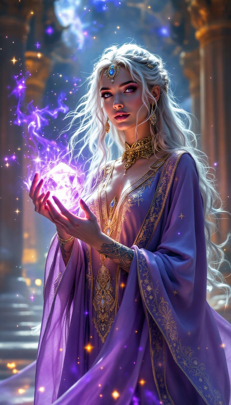 AI generated: An ultra-realistic, full-body action shot of a striking amethyst priestess, exuding grace and spirit...