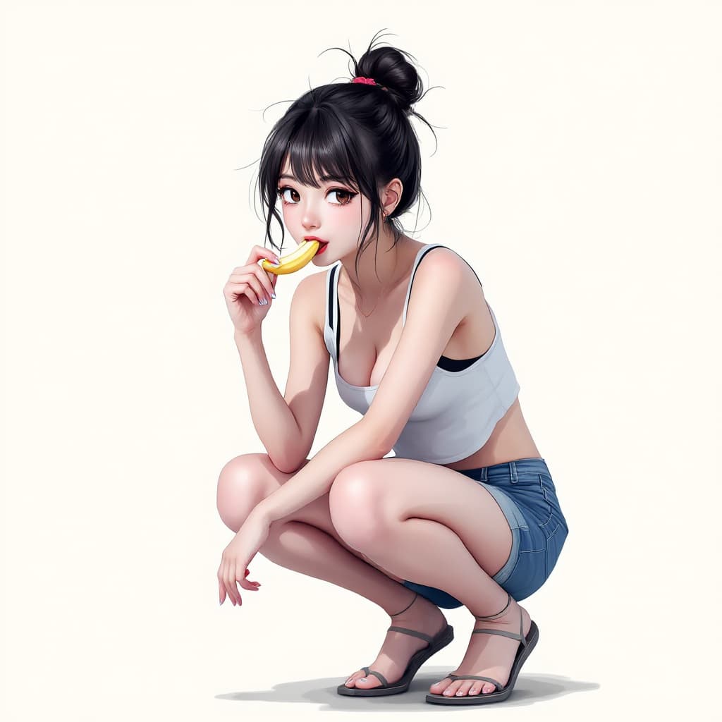 AI generated: High resolution asian girl with hair tied in a bun wearing 1 inch shorts and a very short 2 inch lon...