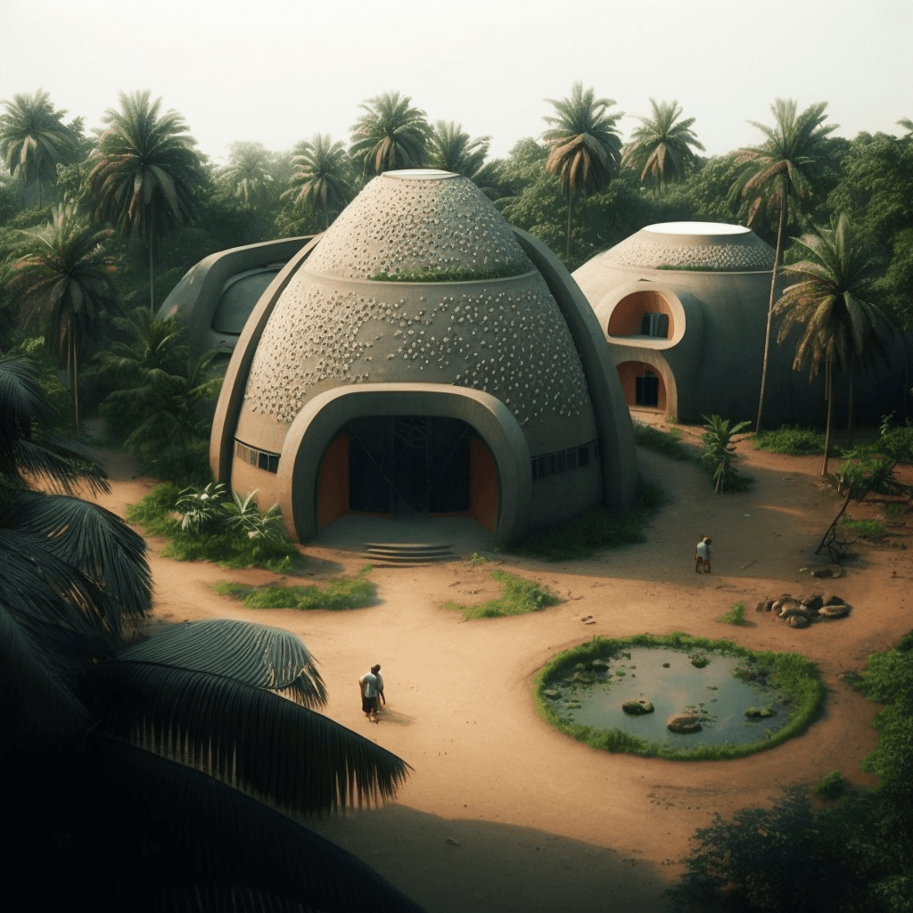 AI generated: a futuristic hotel based on the architecture of a musgum tribe in far north cameroon