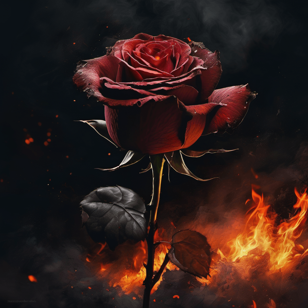 AI generated: A rose burning in fire, midnight, ashes, elegant, painful heartbreaking composition, digital paintin...