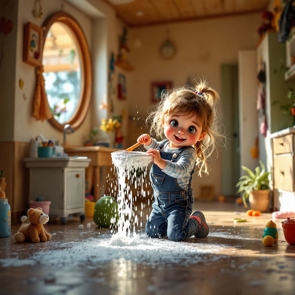 AI generated: Genera una imagen de una niña barriendo un palacio en formato infantil