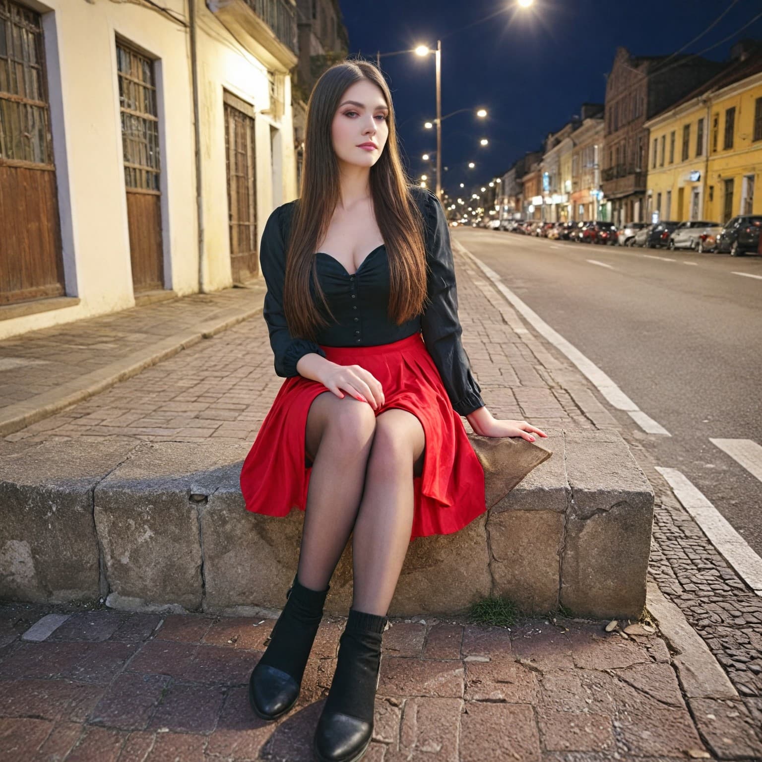AI generated: Slim woman with longs and slims legs and big breasts, red peale skirt, black weavy open blouse and b...