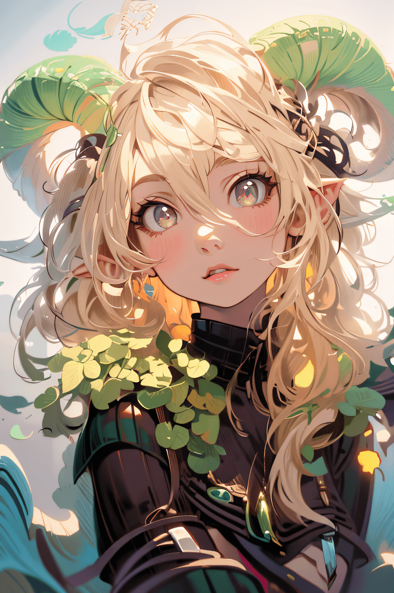 AI generated: blond haired girl with horns and green leaves on her head, detailed digital anime art, loish and wlo...