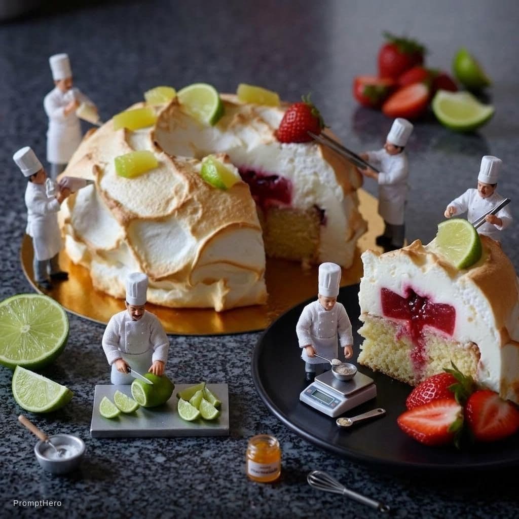 AI generated: A miniature scene of chefs in white uniforms and hats preparing a large pavlova dessert, adorned wit...