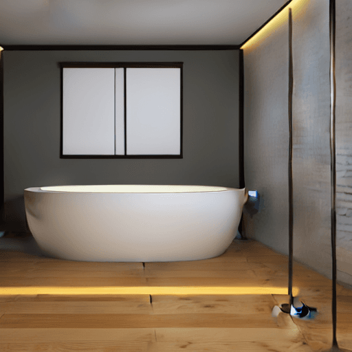 AI generated: High resolution photography interior design, , wooden floor, bathtub,clean cut geometry,3ds max corn...
