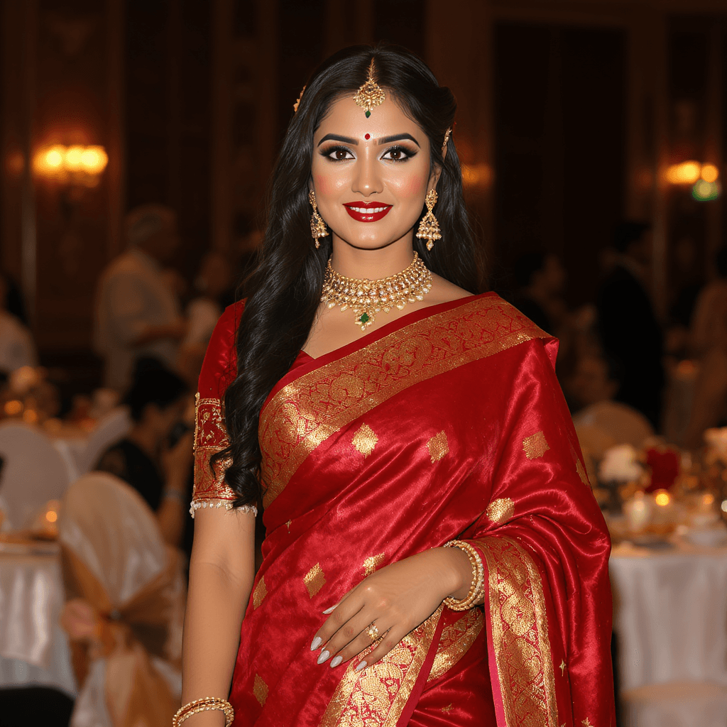 AI generated: (An Indian Girl:1.15) , mid 20's age, (wearing a red beautiful saree:1.05) , standing elegantly in a...