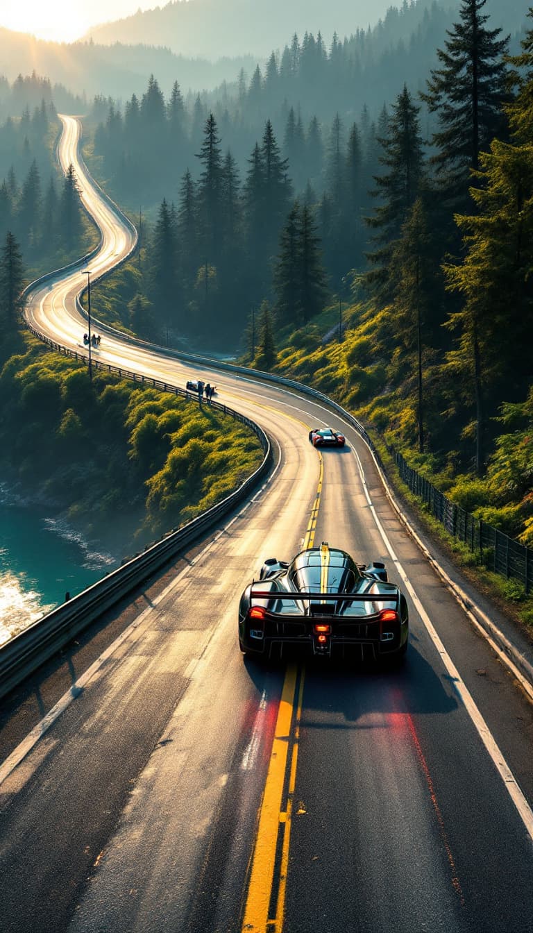 AI generated: Summer.  A racing car races along a race track. The route passes through flat terrain through a fore...
