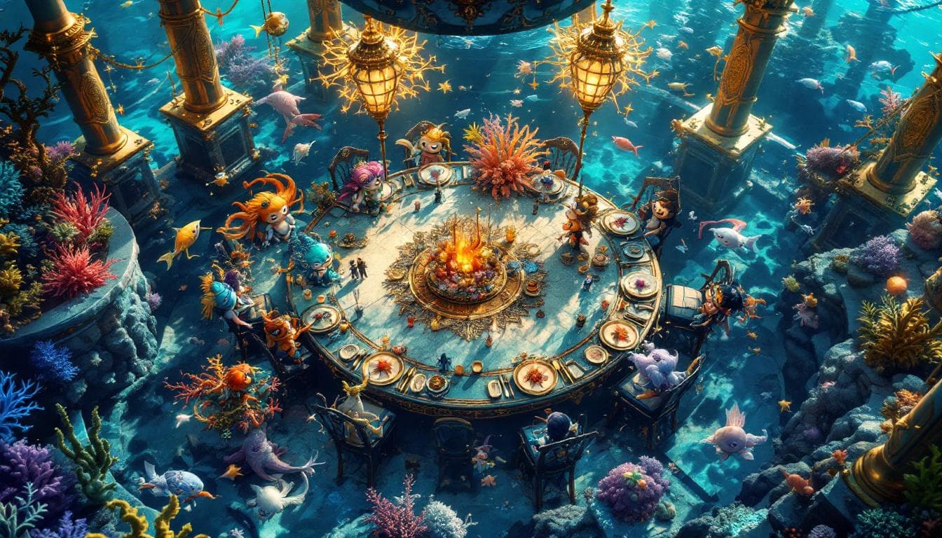 AI generated: **"The Steampunk Merfolk Masquerade"**  

A breathtaking aerial view of an stunning underwater Mas...