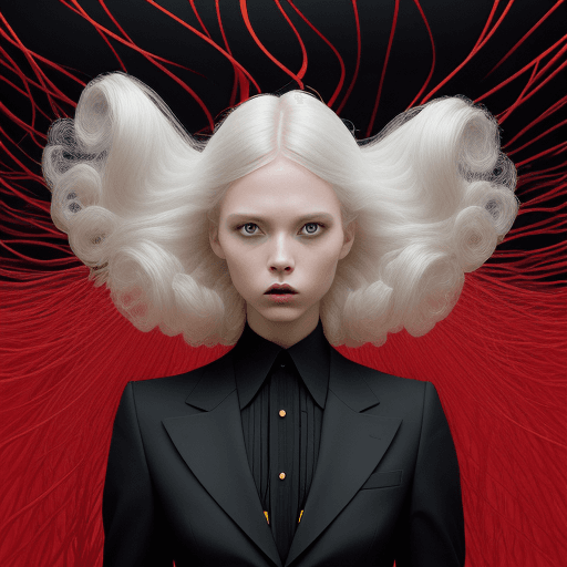 AI generated: swedish hairdresser mara senilin in a dark suit that is blown up, in the style of red threads, natur...