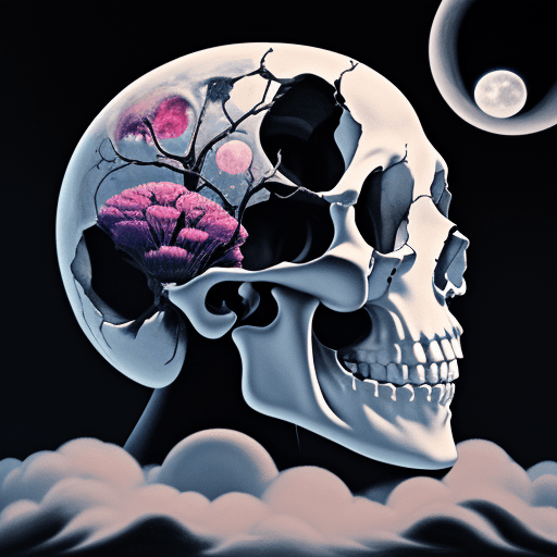 AI generated: surrealist painting of a human skull with the moon, clouds, and melting flowers, abstract, surreal -...