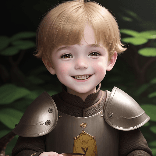 AI generated: young boy, 4 year old, dark brown eyes, very round face, straight hanging honey blond hair, short bo...