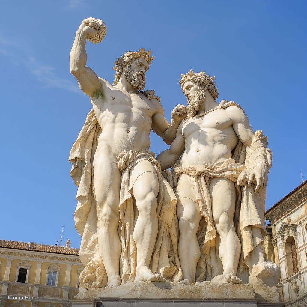 AI generated: Make a hyper realistic 8d colorized version of the hurcules and cacus statue in Florence.  Use natur...