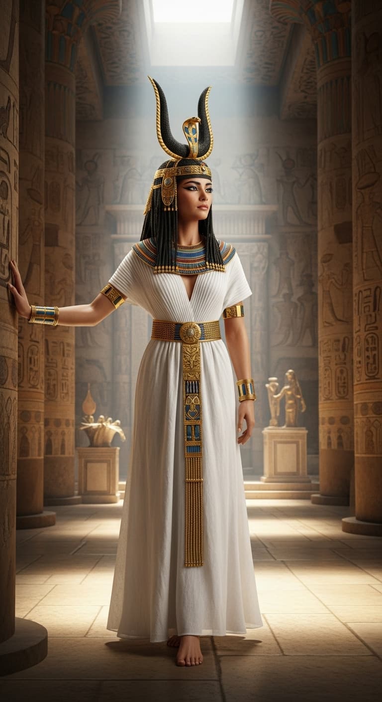 AI generated: Full body view of a stunning, hyperrealistic portrayal of an elegant ancient Egyptian woman in a gra...