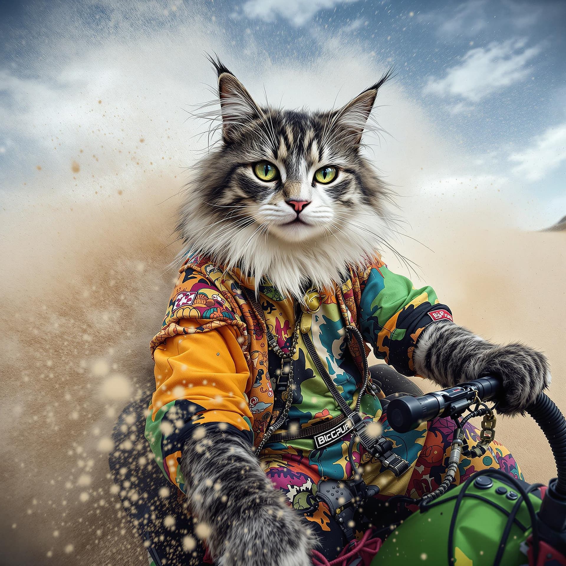 AI generated: Create an image of an extreme sports scenario featuring a real cat with a grey and black face and a ...