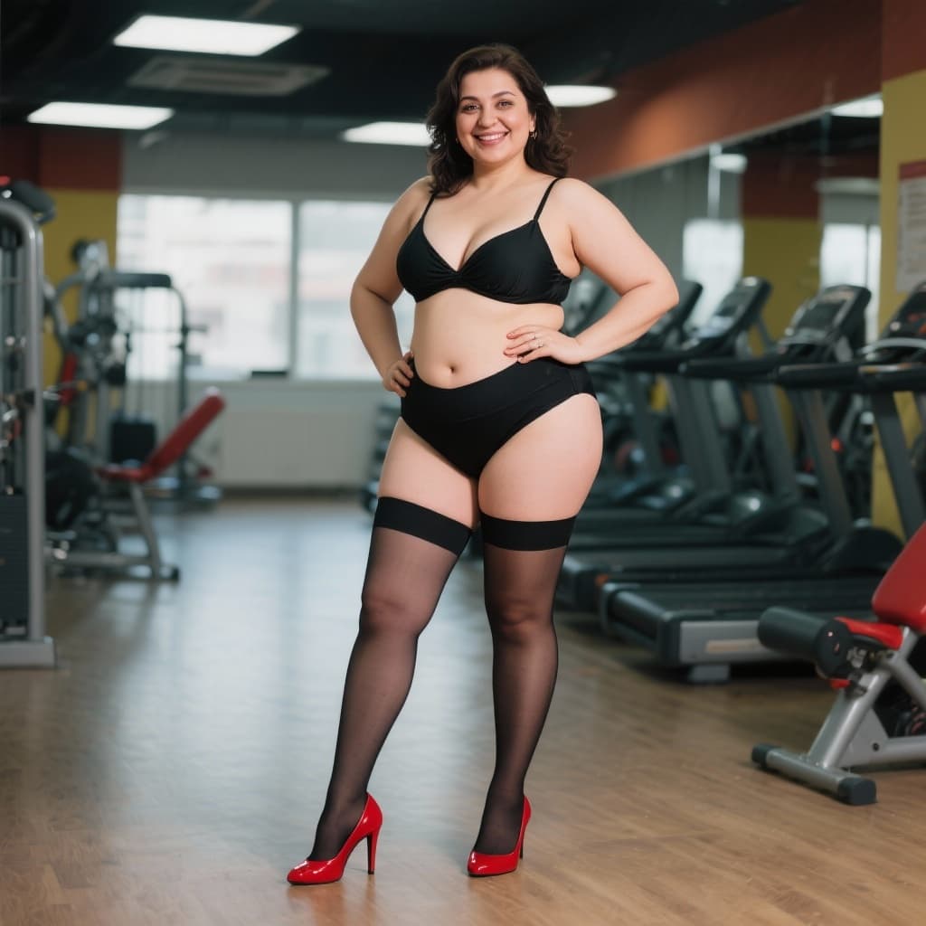 AI generated: High resolution photography of 45 year turkish, chubby girl in Black bikini in a gym. Standing pise....