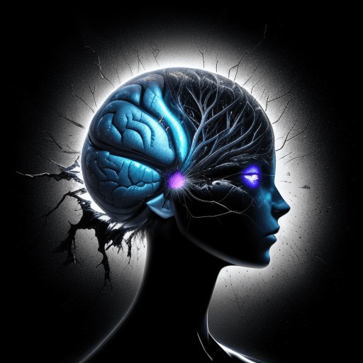 AI generated: pitch black background, concept art of [a silhouette outline of the brain : half shattered reality, ...