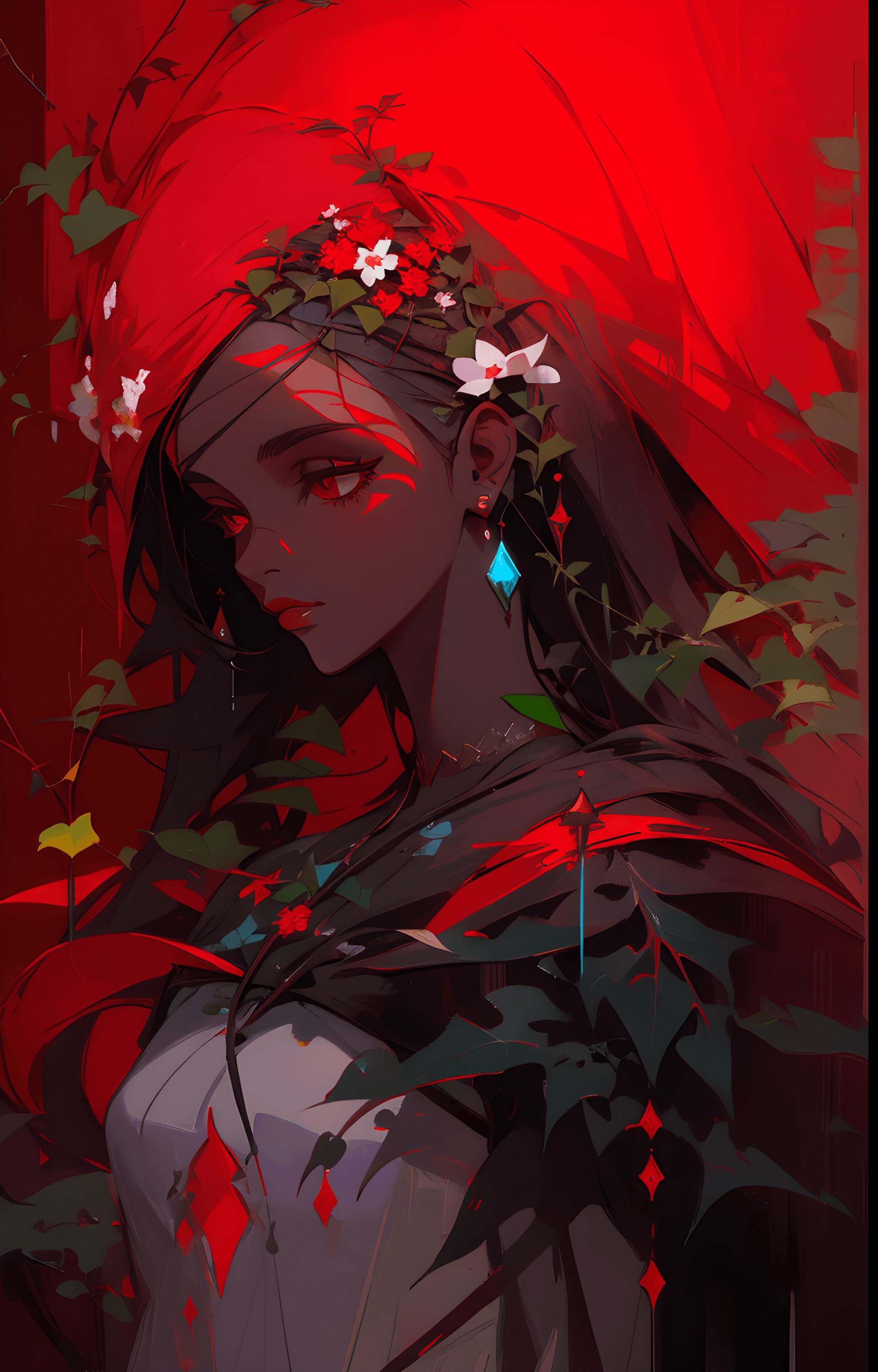 AI generated: a painting of a woman with flowers in her hair, by loish, Artstation contest winner, dark skin, red ...