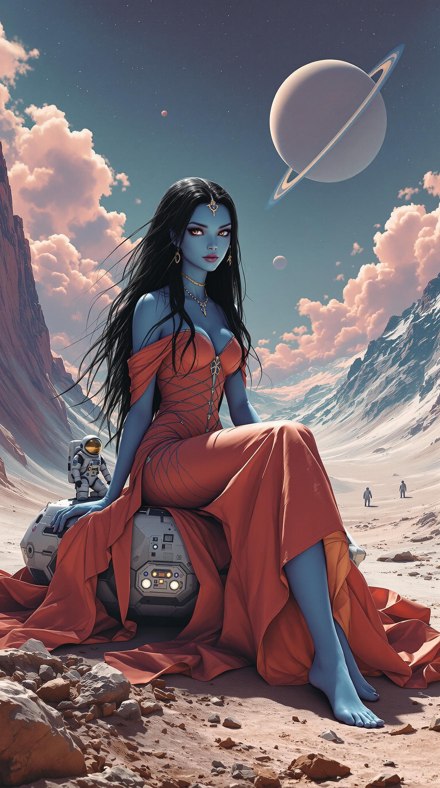 AI generated: full body view of a beautiful alien princess, long black hair, light red dress, sitting, blue skin b...