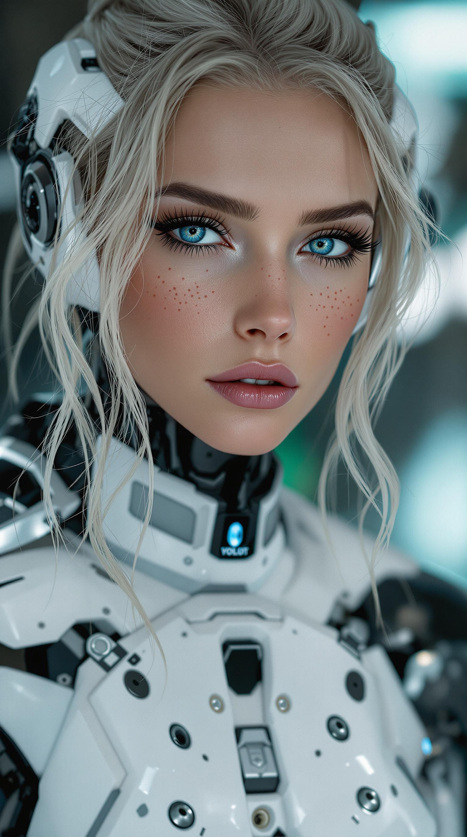 AI generated: Incredibly beautiful Norwegian with blue eyes, long eyelashes, black eyeliner, freckles, dimples on ...