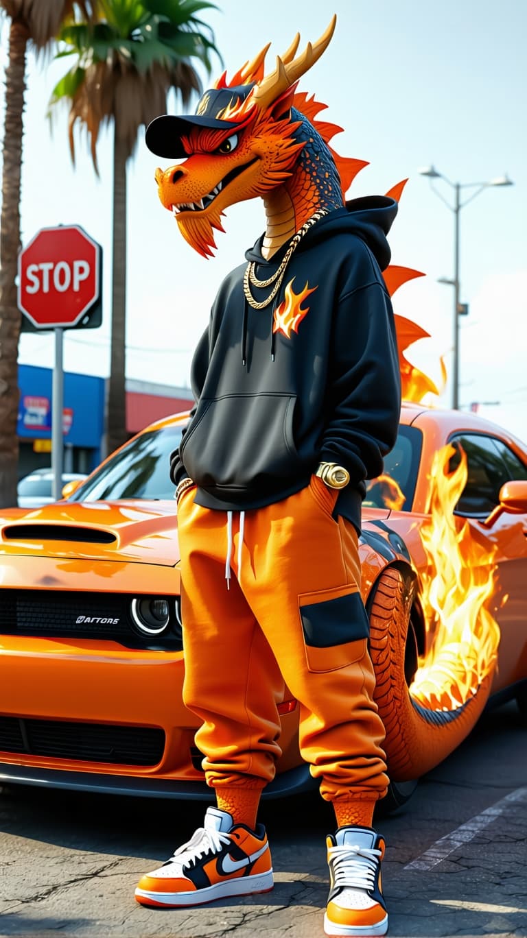 AI generated: A humanoid dragon character with orange skin, wearing modern streetwear, including a black hoodie wi...
