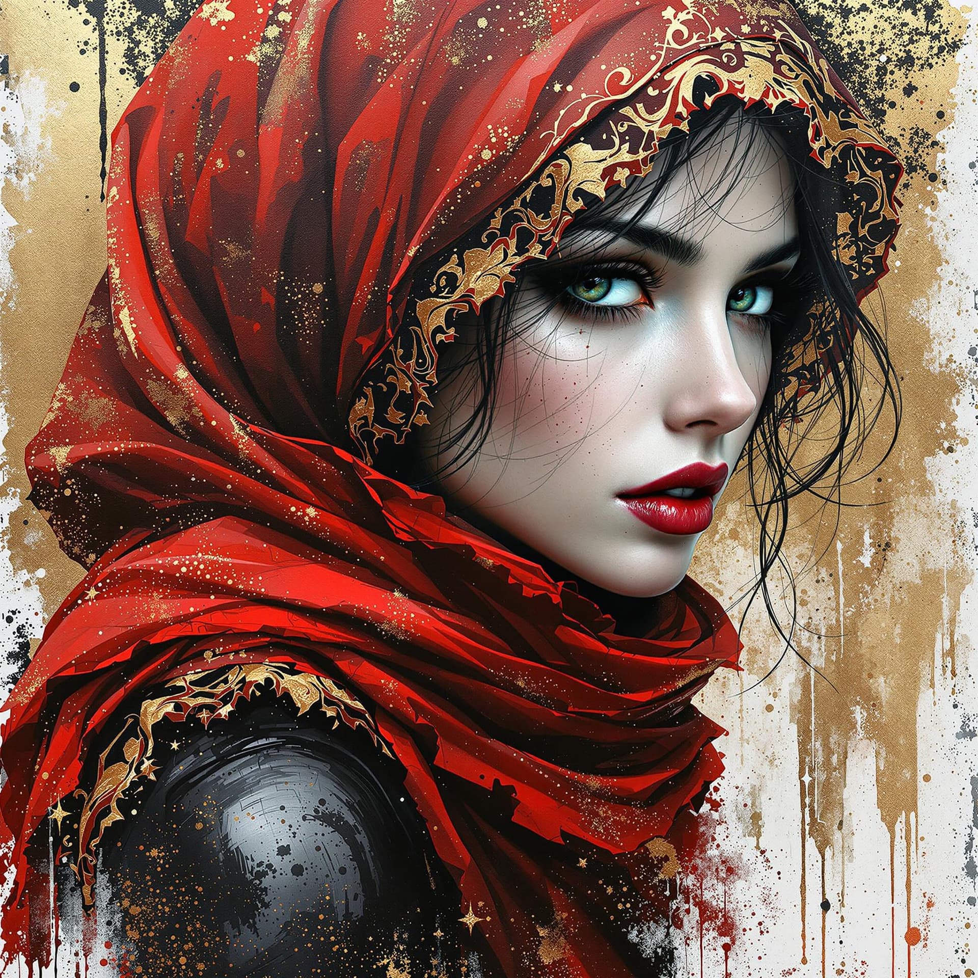 AI generated: breathtaking portrait of a gorgeous girl, sultry, red scarf, dark gold and black, gossamer fabrics, ...