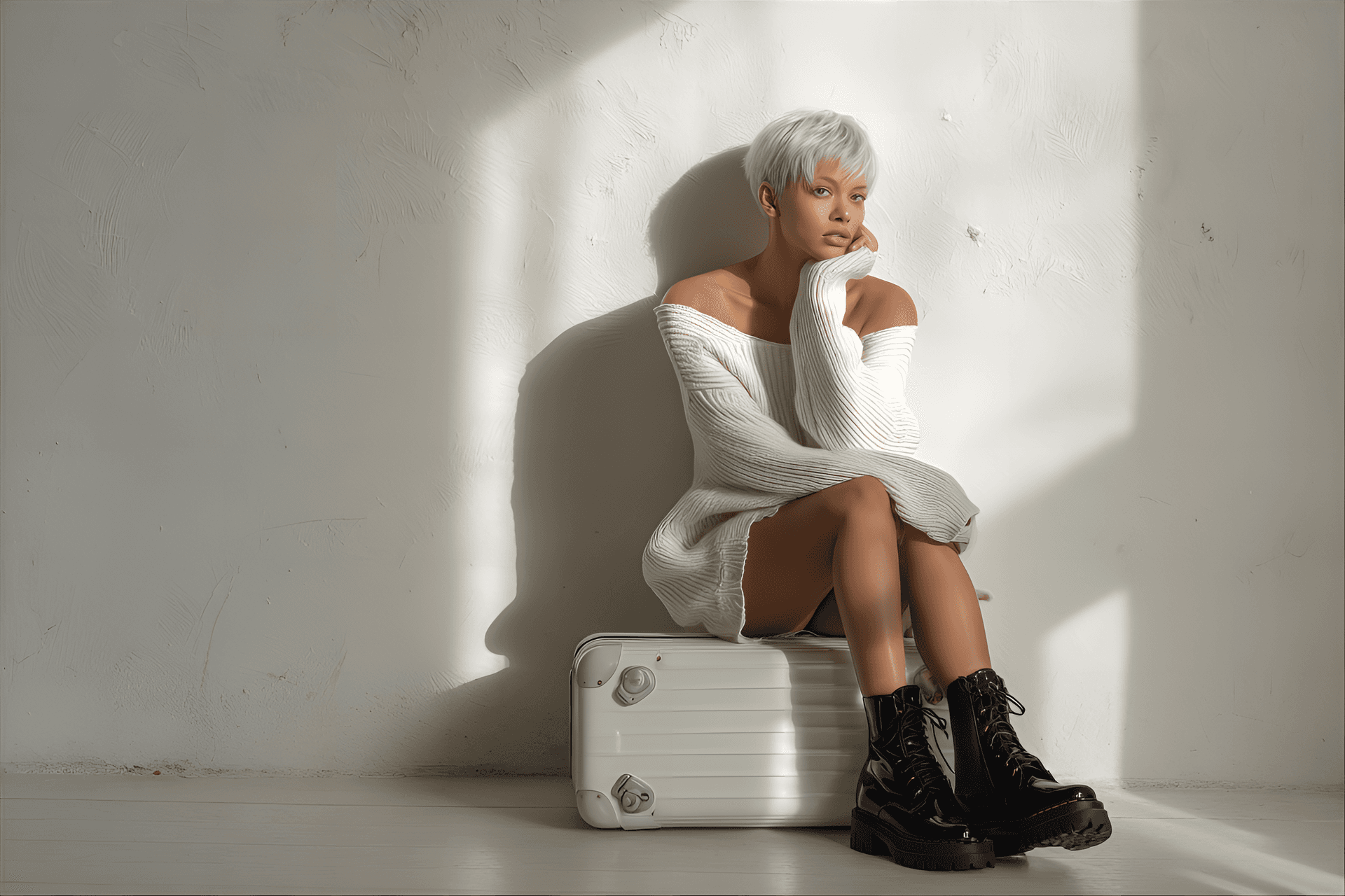 AI generated: young, possibly Caucasian woman with short, silver hair is the central figure, depicted in a stylize...