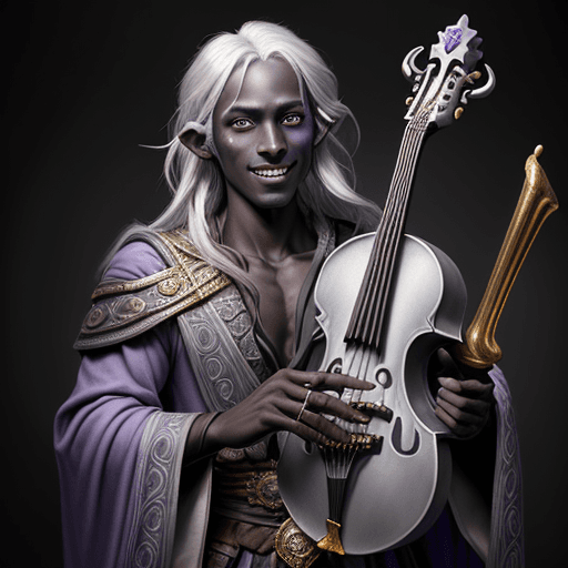 AI generated: Dungeons and Dragons 5e Male Half-Drow Bard, dark-grey skin, chaotic neutral, airbrushed fantasy art...