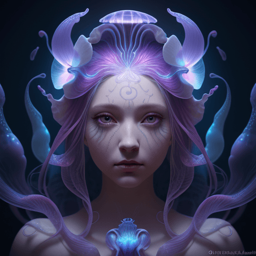 AI generated: Goddess close-up portrait ribcagel. jellyfish phoenix head, nautilus, orchid, skull, betta fish, bio...