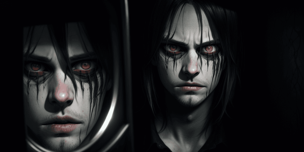 AI generated: Jeff the killer, looks at himself in a broken mirror, in the style of Christopher Nolan, in dynamic,...