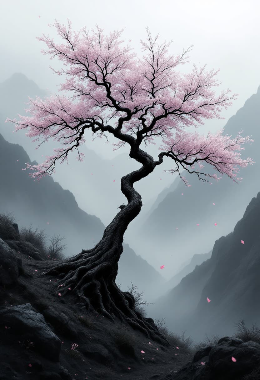 AI generated: Lone cherry blossom tree with a twisted trunk, placed slightly off-center in a foggy mountain valley...