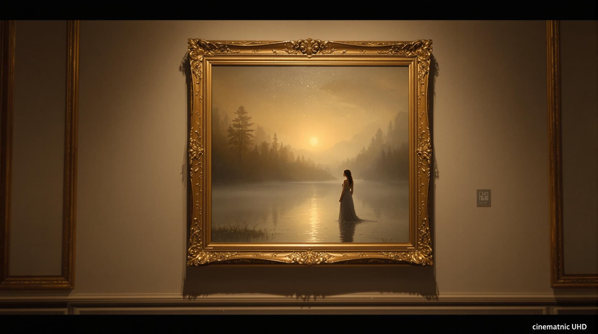 AI generated: (Cinematic UHD, hyper-realistic oil painting in an art gallery, depicting a lone woman standing by a...