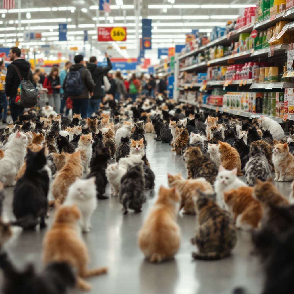 AI generated: Crowds of cats in Walmart.