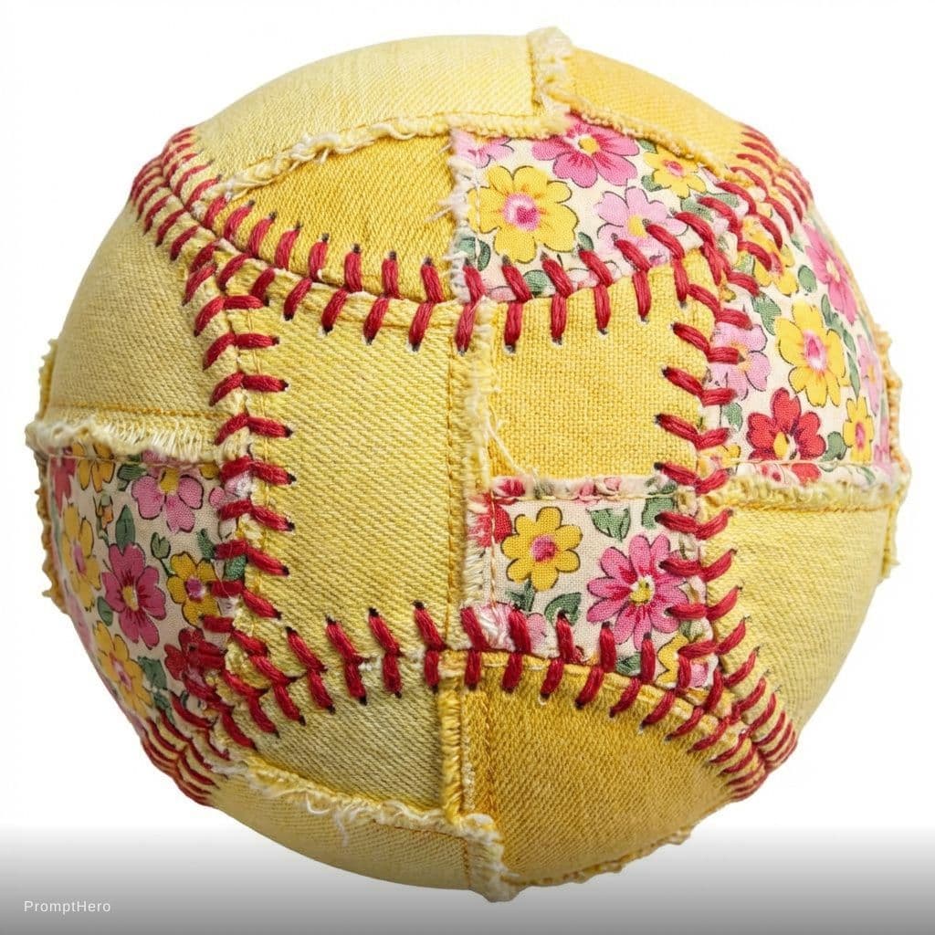 AI generated: patchwork design of a softball with yellow fabric and floral pink, yellow, and red pattern fabric. 