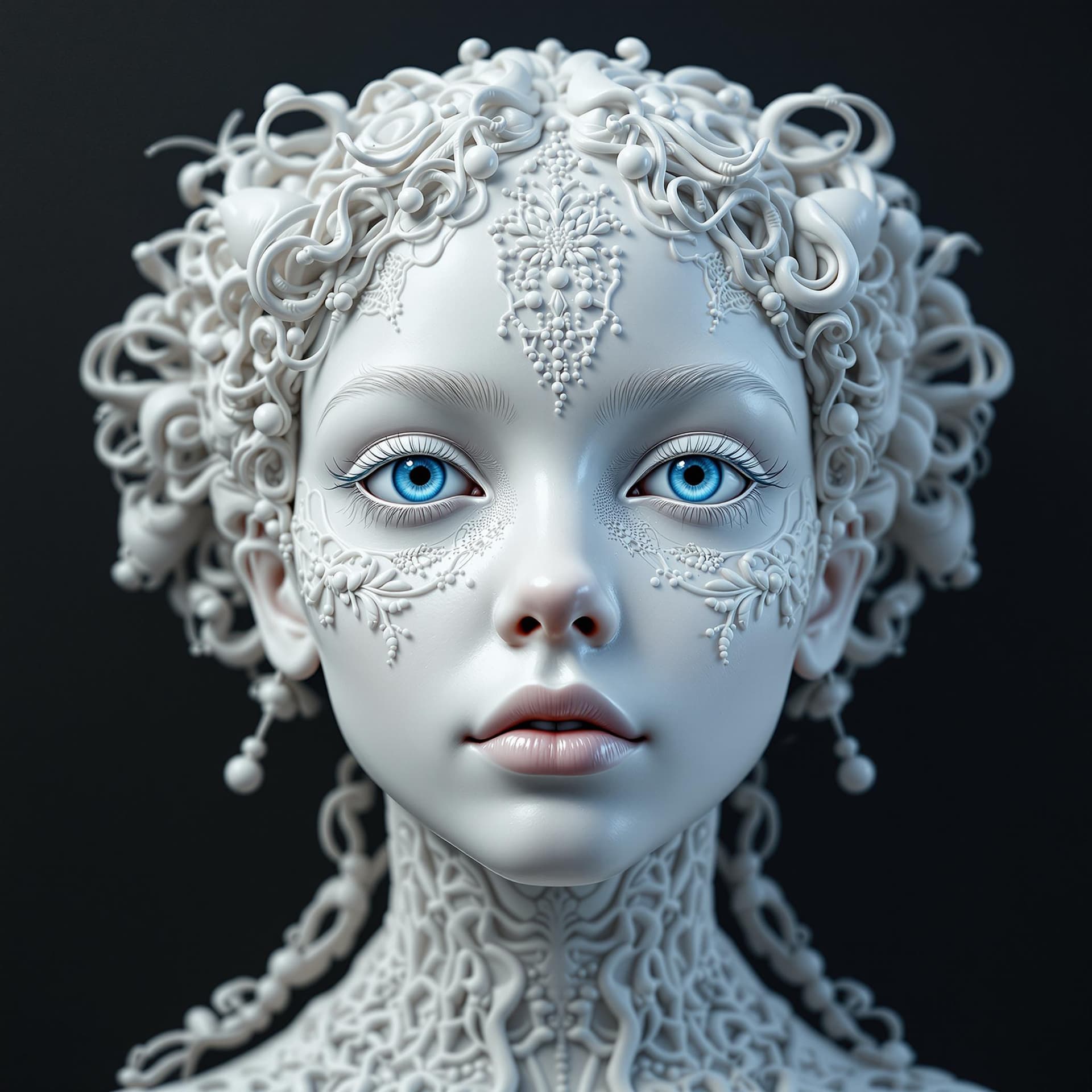 AI generated: surreal, psychedelic. a young girl's face made out of porcelain, in the style of balanced symmetry, ...