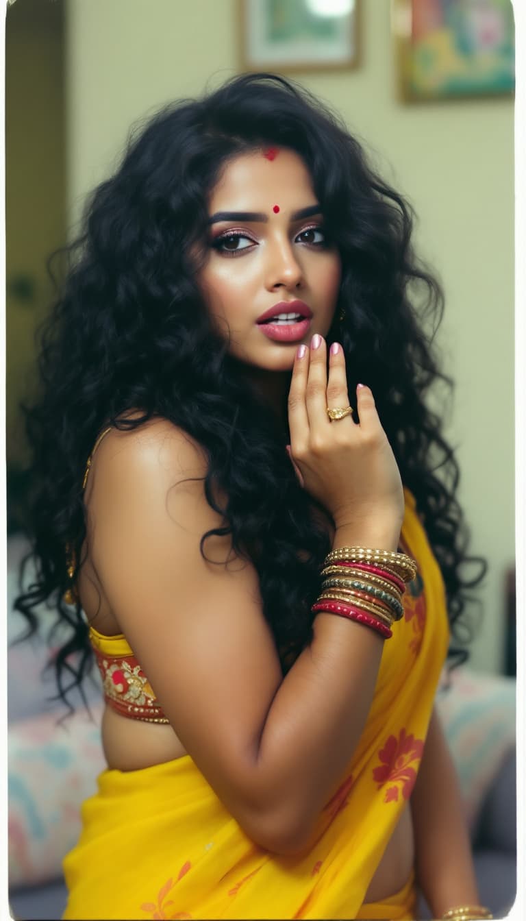 AI generated: Naina, full body, biting her lip,18-22 years old, Black curly hair, Indian hair style, saree yellow,...