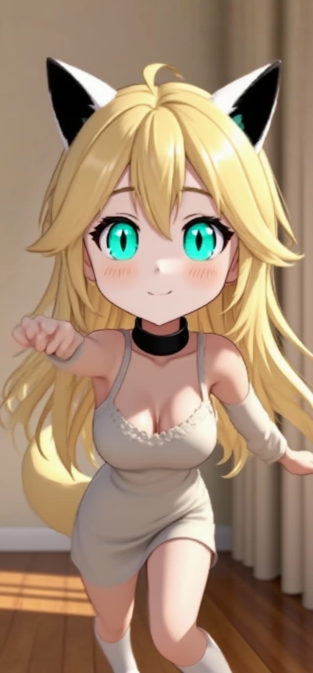 AI generated: 1girl, animal ear fluff, collar, animal collar:1.2, blonde hair, long hair, bangs, aqua eyes, petite...