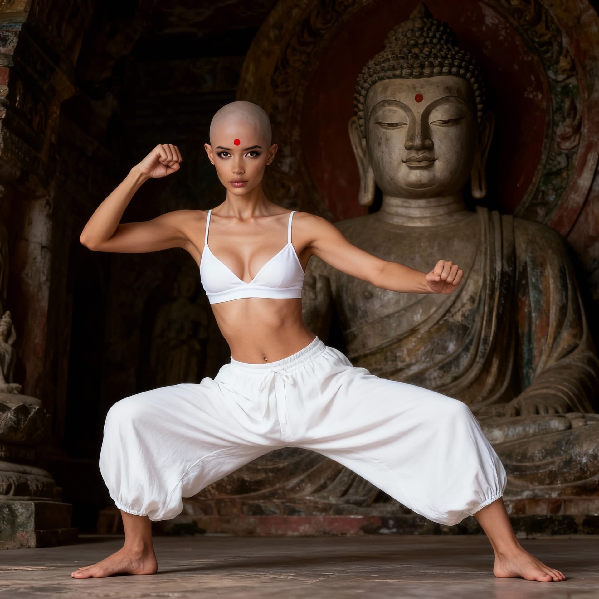 AI generated: @Img1hairless, with a red spot on her forehead, athletic physique wearing a white bra band and white...