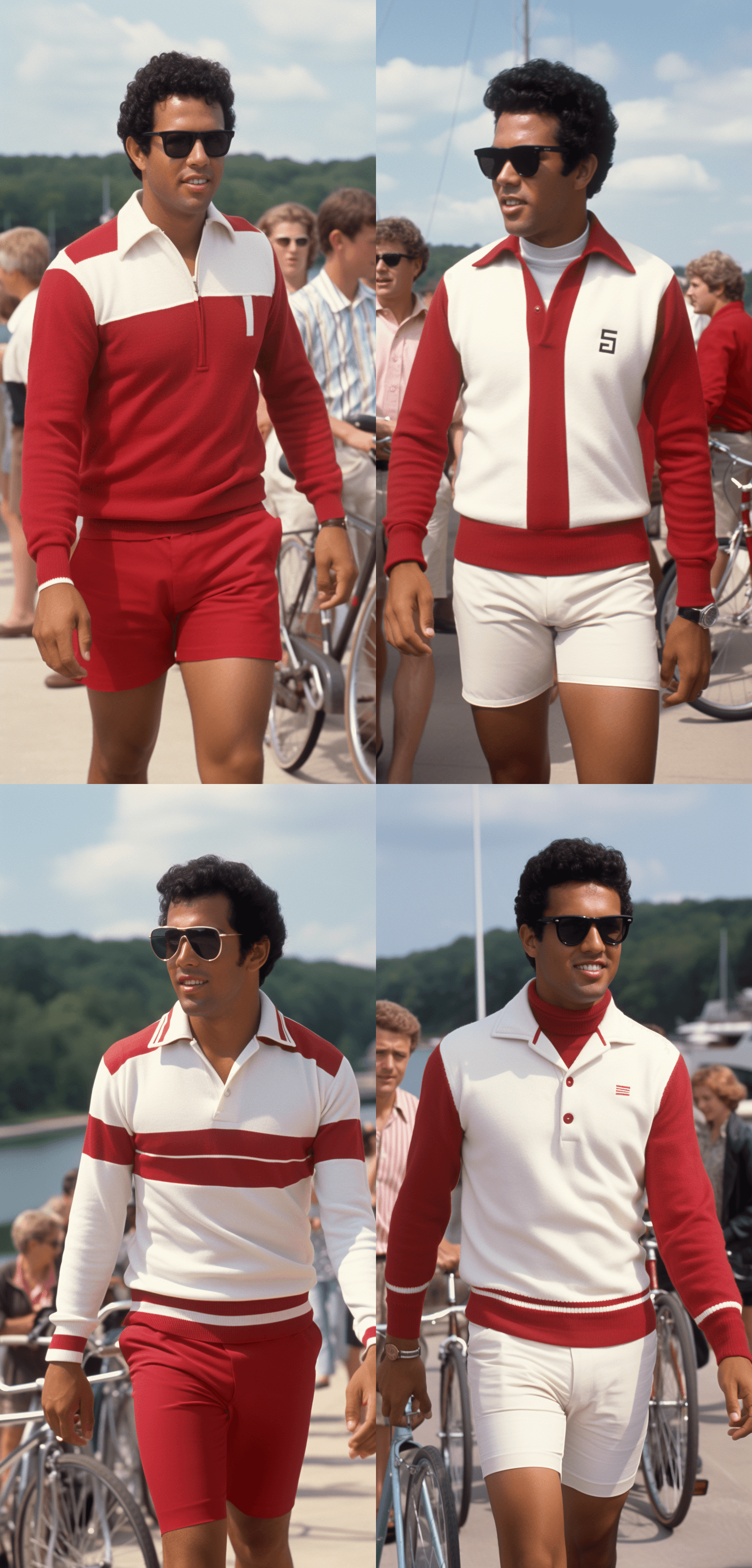 AI generated: vintage photo of a handsome black man wearing white and red sports shorts, taken in the year 2034 at...