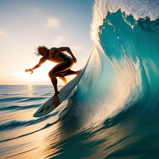 AI generated: Capture the breathtaking moment of a skilled surfer riding a wave over a shallow reef with crystal-c...