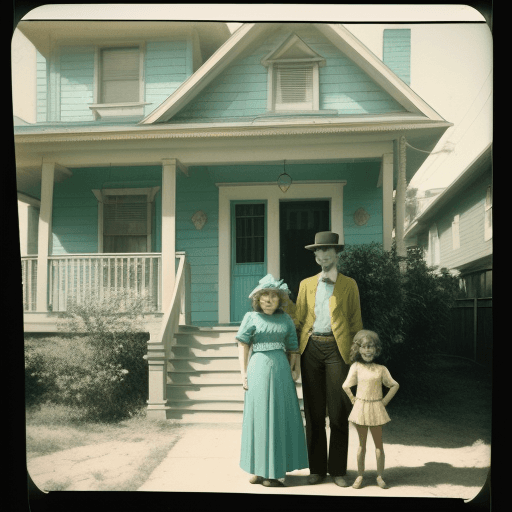 AI generated: a girl, a lady, and a man in front of a house, in the style of light turquoise and light yellow, pos...