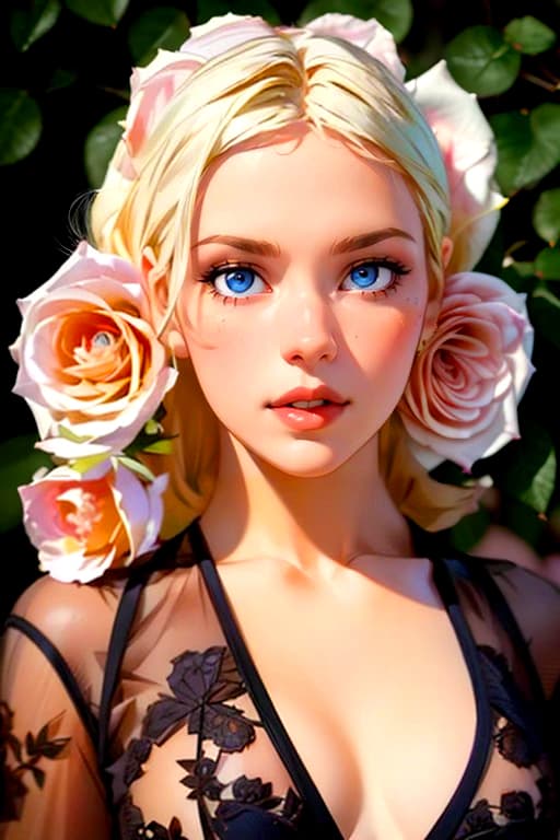 AI generated: Lady with floral headdress, blonde hair, blue eyes, seductive attire, garden, sunny day, realistic t...