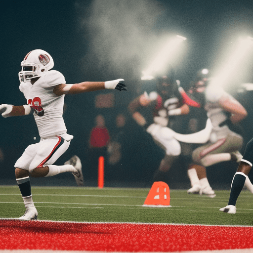 AI generated: american football players, action photography, a player with ball in arms, perfectly shaped football...